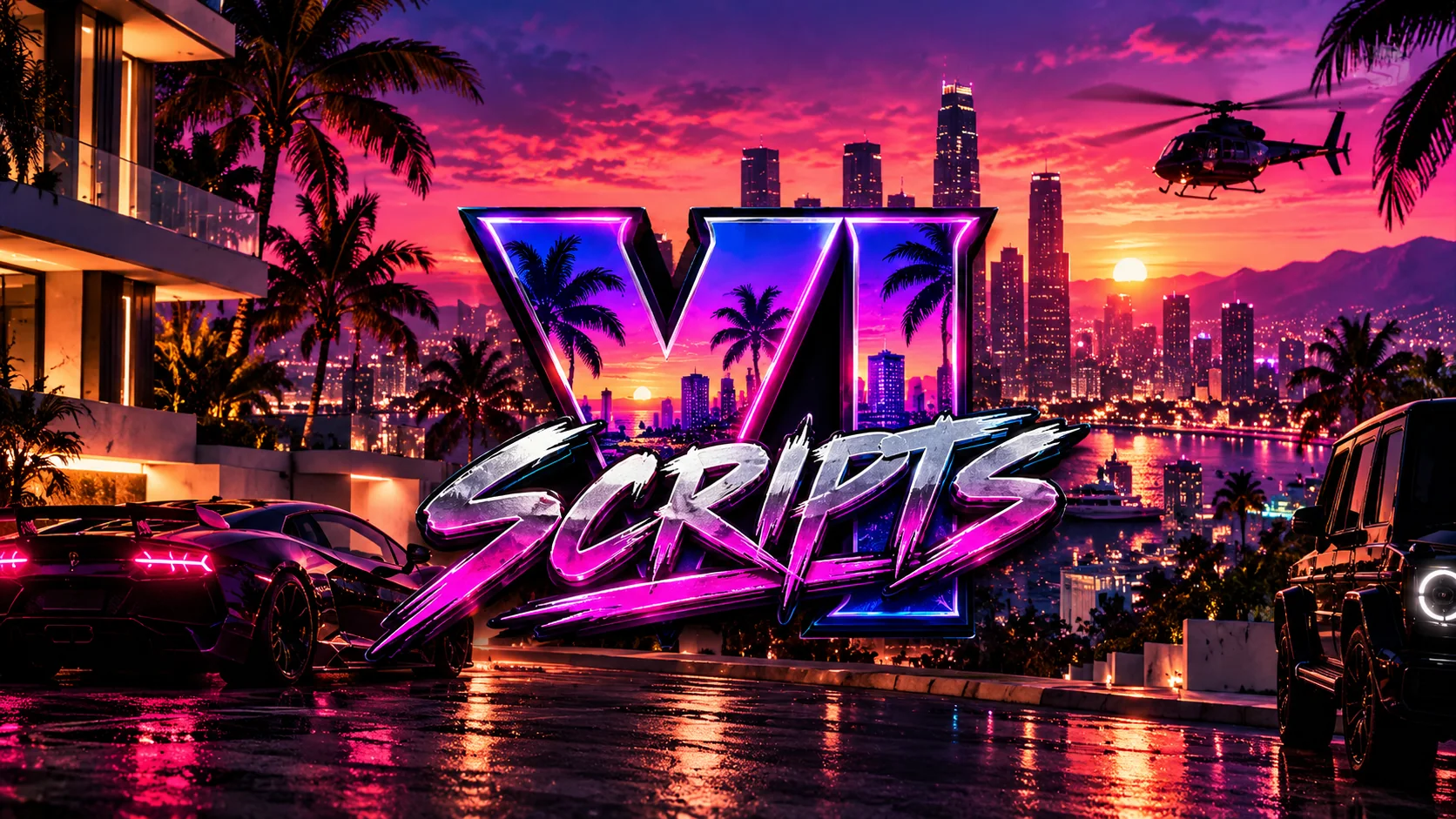 VI Scripts: neon skyline at sunset, palm trees and a sports car on a wet street